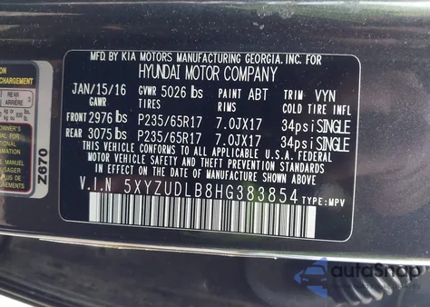 2017 Hyundai Santa Fe Sport 2.4L z USA, uszkodzony, nr VIN 5XYZUDLB8HG383854